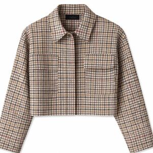 Express Plaid Cropped Jacket Beige Brown Check Boxy Button Front Size L NWOT